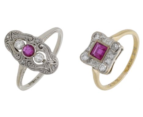 Two ruby and diamond dress rings, the first set with a circular-cut ruby with brilliant-cut rubies to either side and within 