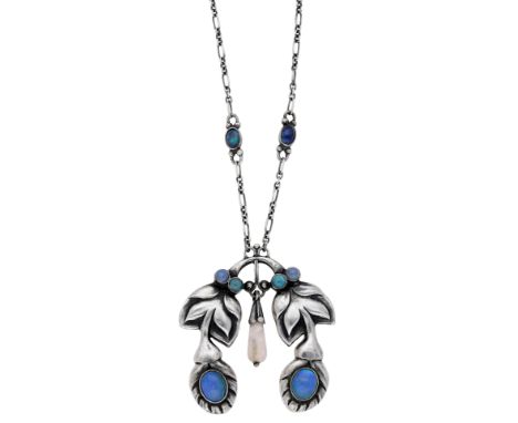 A silver and opal pendant, design No. 28, by Georg Jensen, 1915-1927, the two foliate sprays set with opal cabochons and enve
