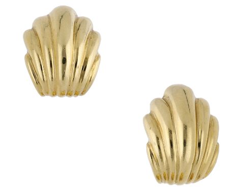 A pair of earrings, of fanned bombé form and with reeded detailing, stamped ‘750’, length 23mm.  £400-£500  ---  Condition Re