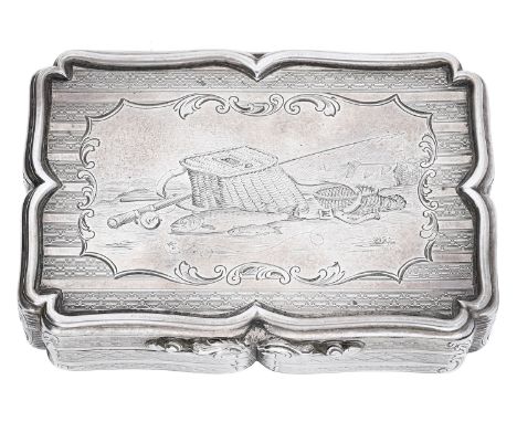 Edinburgh Angling Club: a silver presentation snuff box by Nathaniel Mills, the lid engraved with a creel, rod, nets and a la