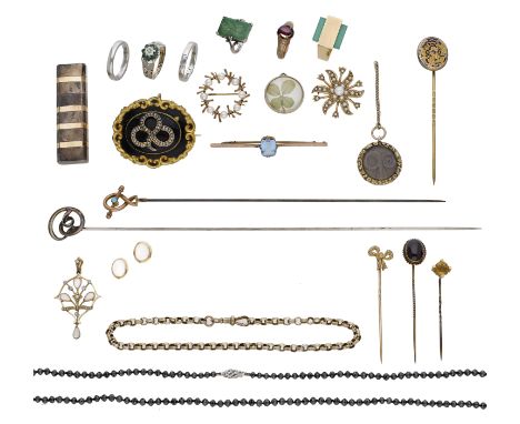 A collection of jewellery, to include a belcher-link chain, a cultured pearl brooch by Cropp & Farr, an opal and diamond pend