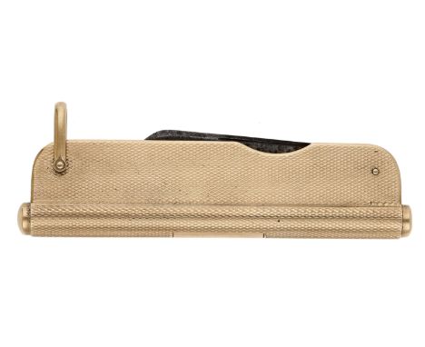 A 9ct gold cased pencil/pen knife by Sampson Mordan & Co, the sleeve engine-turned with pull-out pencil, and suspension loop,