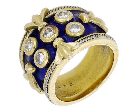 An enamel and diamond dress ring, the tapered band collet-set to the front with five brilliant-cut diamonds, to a blue enamel