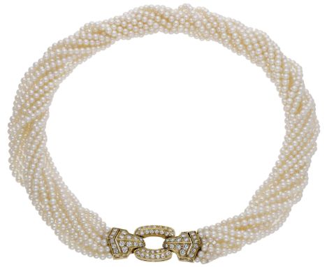 A pearl torsade, the multi row cultured pearl necklace to a diamond geometric clasp set throughout with brilliant-cut diamond