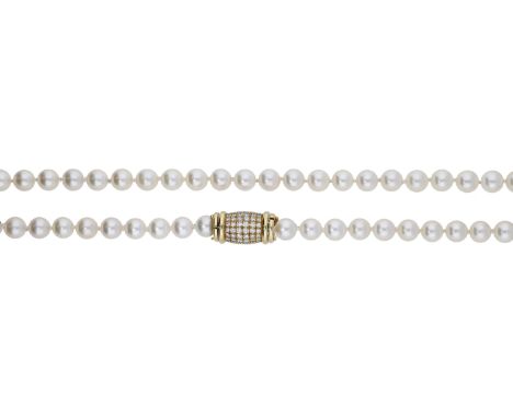 A cultured pearl necklace, the cultured pearls measuring approximately 8.5mm, to a brilliant-cut diamond-set barrel clasp, le