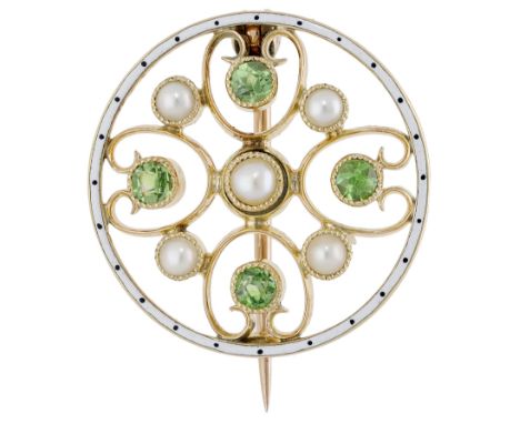 A late 19th century enamel and gem-set brooch, the openwork circlet with scroll detailing and set with seed pearls and circul