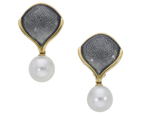 A pair of cultured pearl and grey enamel ear clips by Leo de Vroomen, 1993, the fan-shaped surmounts of grey enamel suspendin