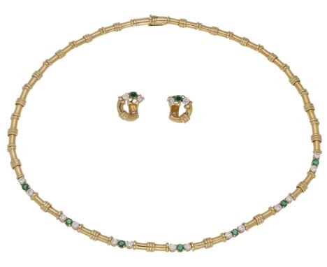 An emerald and diamond necklace and earring suite by Boucheron, the articulated collar of reeded polished links spaced to the