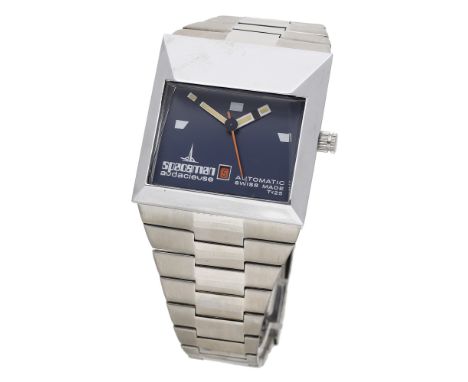 Spaceman, Audacieuse. A stainless steel rectangular automatic wristwatch with date and bracelet, Ref. 46617/7, circa 1970. Mo