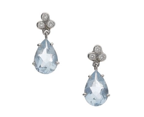 A pair of aquamarine and diamond earrings, the brilliant-cut diamond trefoil surmounts suspending a pear-shaped aquamarine dr