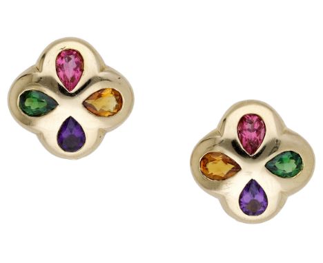 A pair of gem-set ear clips, the polished quatrefoils bezel-set with pear-shaped gemstones including amethyst, citrine and gr