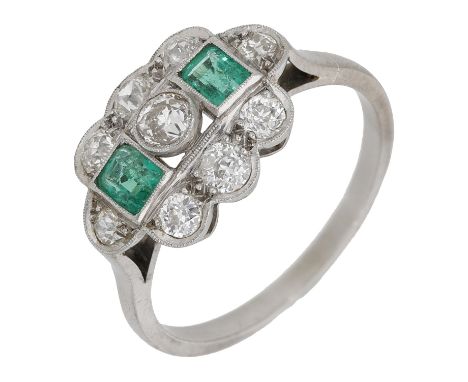 An early 20th century emerald and diamond panel ring, the old brilliant-cut diamonds spaced by two step-cut emeralds, millegr