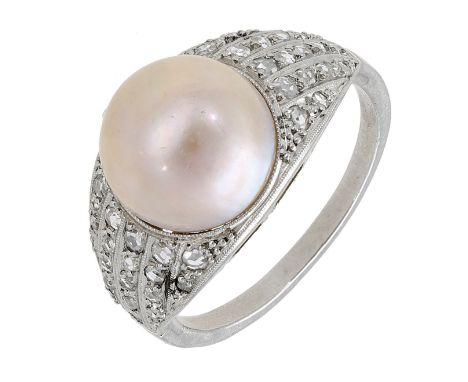 An Art Deco cultured pearl and diamond ring, French, the cultured pearl measuring approximately 11mm and centred between tape