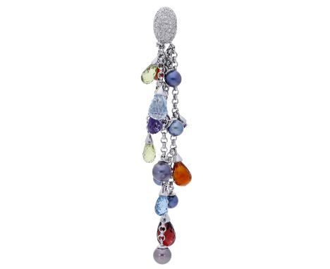 A gem-set tassel pendant, the bombé surmount pavé-set with brilliant-cut diamonds, the cable-link chains suspending various g