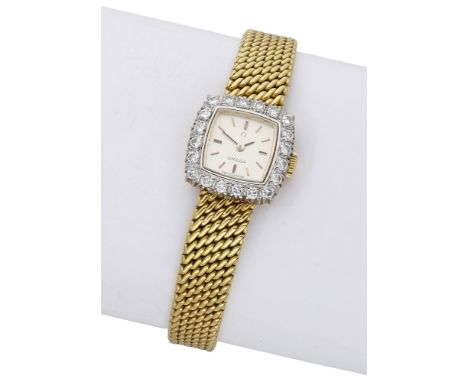 Omega. A lady’s gold and diamond-set bracelet watch, circa 1967. Movement: cal. 650, manual winding, no. 25462171. Dial: silv