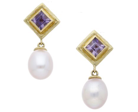 A pair of 18ct gold amethyst and cultured pearl earrings by Alison Bradley, the square-shaped amethyst surmounts suspending a