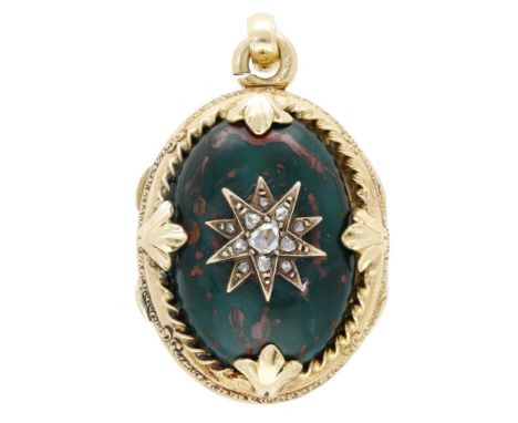 A 19th century enamel and diamond locket, the red and green enamel designed to imitate bloodstone, with applied rose-cut diam