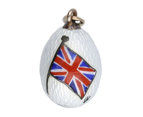 A Russian miniature gold egg pendant, circa 1900, decorated with an enamel Union Jack on a guilloché white opalescent enamel 