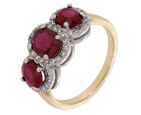 A ruby and diamond ring, the three oval-cut rubies each within a surround of brilliant-cut diamonds, mounted in platinum and 