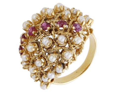 A cultured pearl and ruby dress ring, of bombé latticework form, set with cultured pearls and a row of circular-cut rubies, r