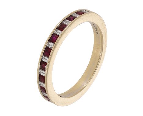 A ruby and diamond half eternity ring, channel-set to the front with alternating square-cut rubies and step-cut diamonds, mou