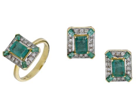 An emerald and diamond ring and earring suite, set with a step-cut emerald within a surround of similarly-cut emeralds and br