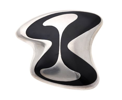 A silver and enamel brooch, design No. 315, designed by Henning Koppel for Georg Jensen, post 1945, of fluid outline with bla