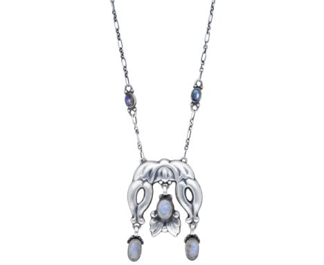 A silver and moonstone pendant, design No. 17, by Georg Jensen, 1915-1927, of openwork foliate design, suspending three oval 