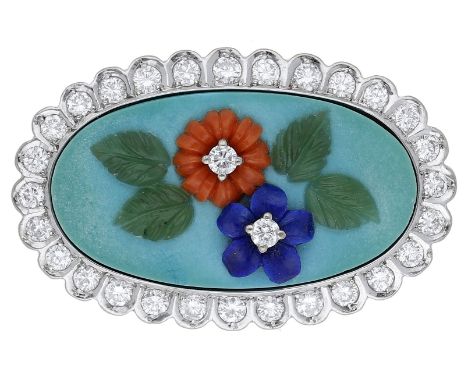 A gem-set flower brooch, the oval turquoise plaque with applied carved Corallium Rubrum and lapis lazuli flowerheads, with br