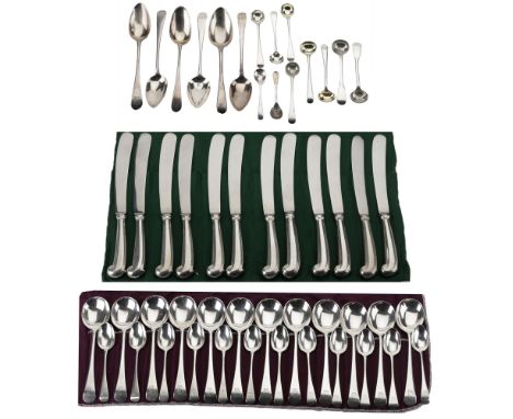 Mixed Old English pattern silver flatware: a set of eleven Victorian teaspoons, London 1884, one other teaspoon matching; a s