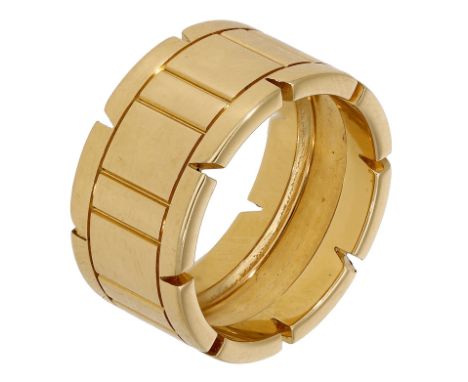 A ‘Tank Française’ band ring by Cartier, the polished band with continuous geometric pattern and stylised notched border, sig