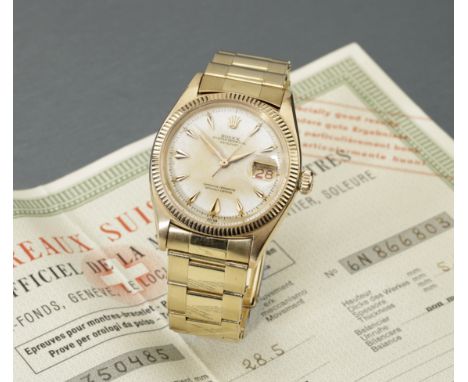 Rolex. A gold automatic wristwatch with roulette date wheel and bracelet, Ref. 6605, Datejust, circa 1959. Movement: cal. 106