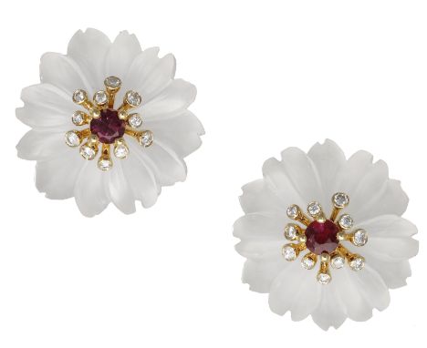 A pair of rock crystal, ruby and diamond set flowerhead earrings, realistically modelled, the frosted rock crystal flowerhead