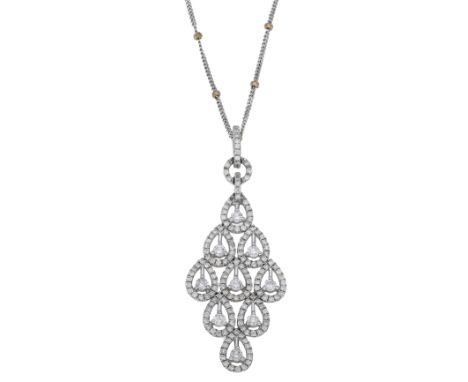 A diamond pendant, of openwork chandelier design, set throughout with brilliant-cut diamonds, suspended from a bicoloured 9ct