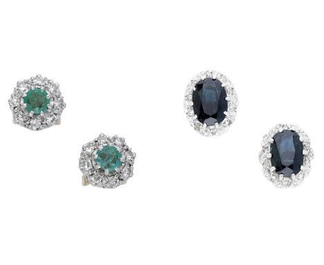 Two pairs of gem-set cluster ear studs, each centred with a circular-cut emerald or mixed-cut sapphire set within a surround 