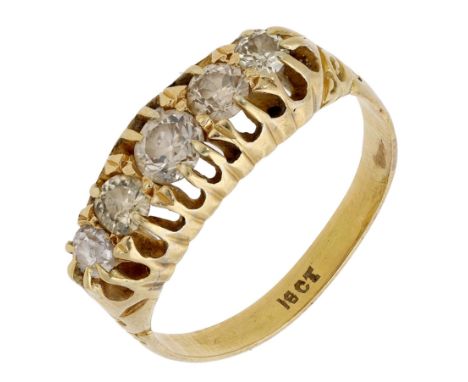 A diamond five stone ring, the graduated brilliant-cut diamonds in open claw settings, between scroll engraved shoulders, sta