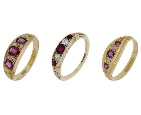 Three antique ruby and diamond rings, all of alternating design and mounted in gold, two with hallmarks for 18ct gold, one st