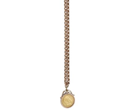 A long guard chain with sovereign pendant, the belcher-link chain with swivel clasp, applied plaque stamped ‘9ct’, suspending