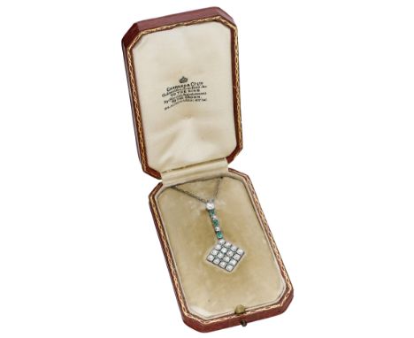 An Art Deco emerald and diamond pendant, designed as a square-shaped lattice set throughout with old brilliant-cut diamonds w