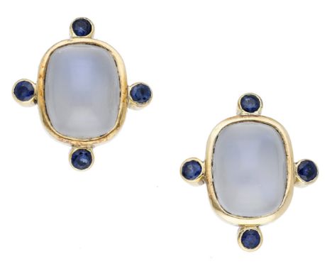 A pair of moonstone and sapphire earrings by Alison Bradley, the moonstone cabochons with circular-cut sapphires to the cardi