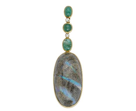 A boulder opal and gem-set pendant by Andrew Grima, 1984, the cabochon emerald and brilliant-cut diamond surmount suspending 