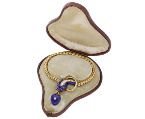 A mid 19th century serpent bracelet, circa 1860, the articulated snake-link chain leading to a blue enamel serpent head clasp
