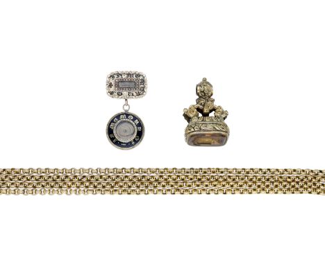 A small collection of antique jewellery, comprising a gold mourning brooch, formed of two enamel and hairwork jewels, engrave