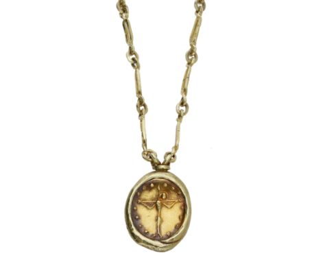 A 14ct gold crucifix pendant on chain by Louis Osman, 1977, the oval pendant slightly concave and depicting a stylised Corpus