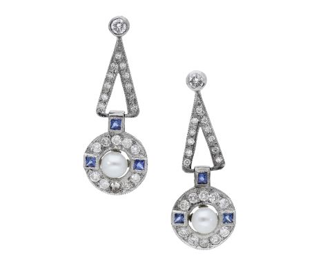 A pair of sapphire, seed pearl and diamond earrings, of openwork geometric design, set with brilliant-cut diamonds, French-cu