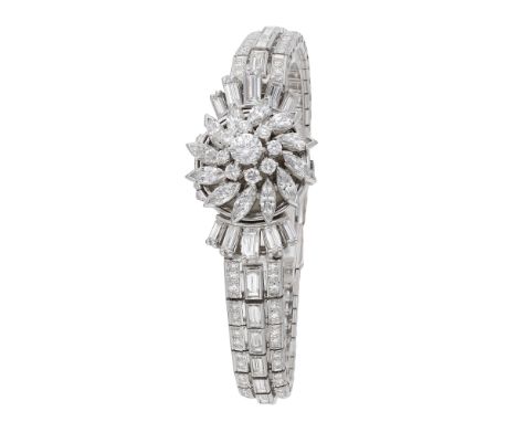 A diamond bracelet / watch, circa 1950, the centre set with cluster of brilliant and marquise-cut diamonds, opening to reveal