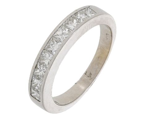 A diamond half eternity ring, the front set with a row of princess-cut diamonds, total diamond weight approximately 0.90 cara