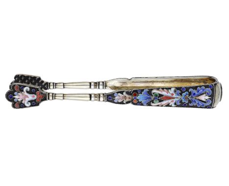 A pair of late 19th century / early 20th century silver cloisonné enamel sugar tongs, Russian, with polychrome foliate and sc