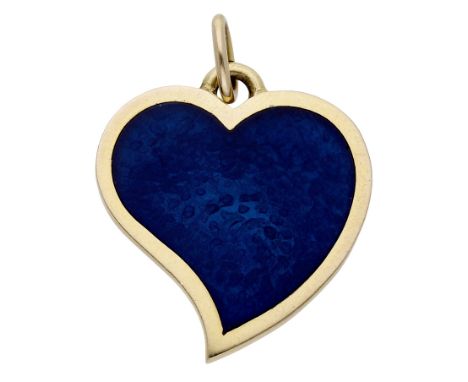 An enamel pendant retailed by Gucci, 1975, the blue enamel heart suspended from an unassociated 9ct gold chain, pendant signe