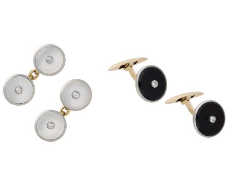 Two pairs of cufflinks, the first pair set with circular mother-of-pearl plaques with an old brilliant-cut diamond to the cen